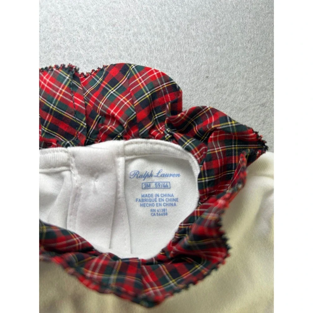 Ralph Lauren Baby Bodysuit 3M White Tartan Plaid Ruffle Collar Long Sleeve